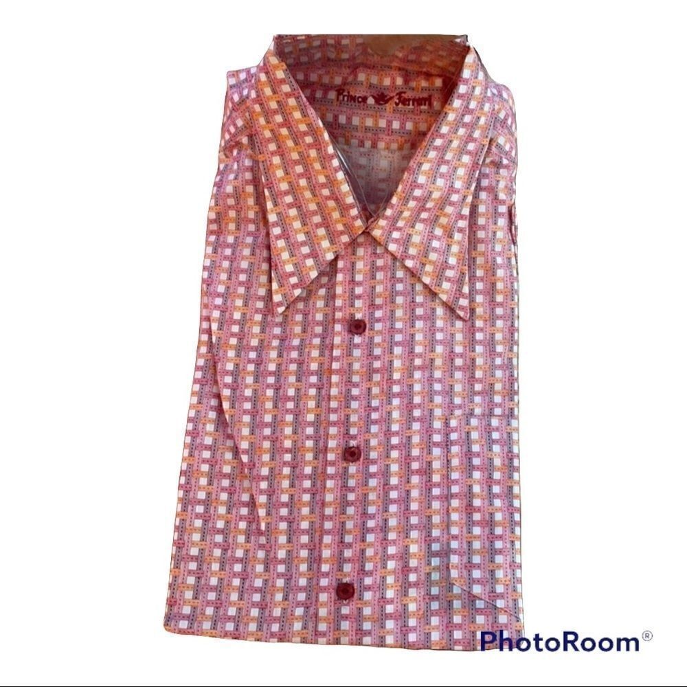 Vintage 70s Prince Ferrari pink smart casual short sleeve shirt 15.5” collar